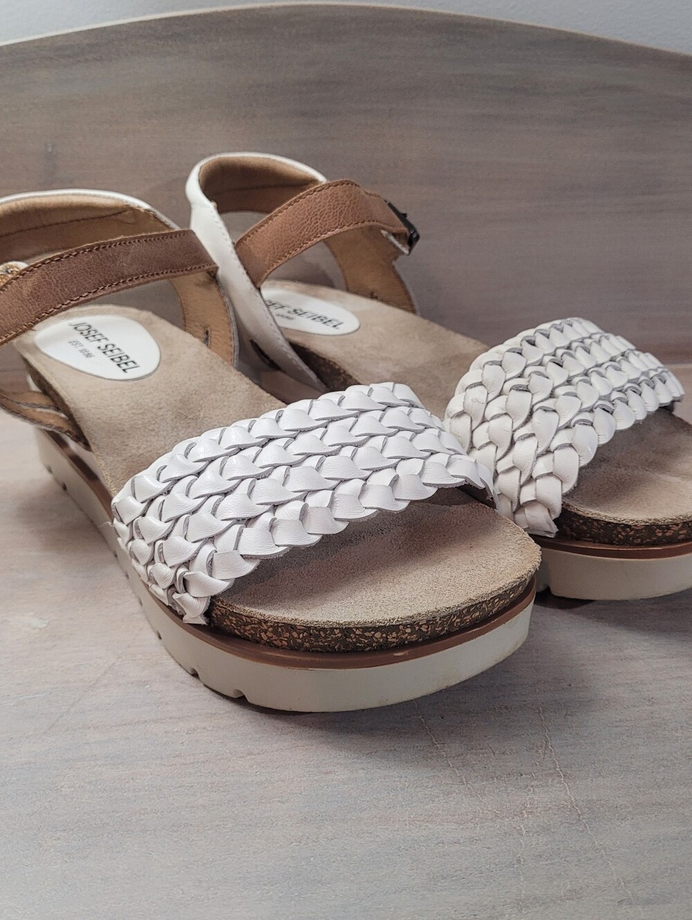 Josef Seibel Women's Clea 16 Woven Leather Platform Sandals 37 Brown and White